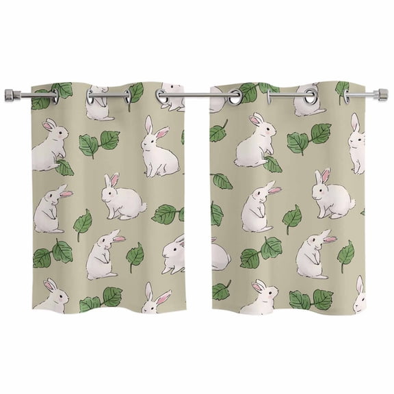 Cute Rabbits Kitchen Curtains Window Panels, Country Leaves Botanical Cartoon Bunny Beige Insulated Window Treatment Curtain, Grommet Curtains for Bedroom/Living Room/Bathroom, 2 Piece 27.5"Wx39"L
