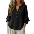 thumbnail image 4 of Xdegoge Cotton Linen Blouses for Women V Neck 3/4 Ruffle Sleeve Tops Casual Henley Shirts Loose Fit Tunic Tops for Leggings Summer Lightweight Breathable Shirts, 4 of 9