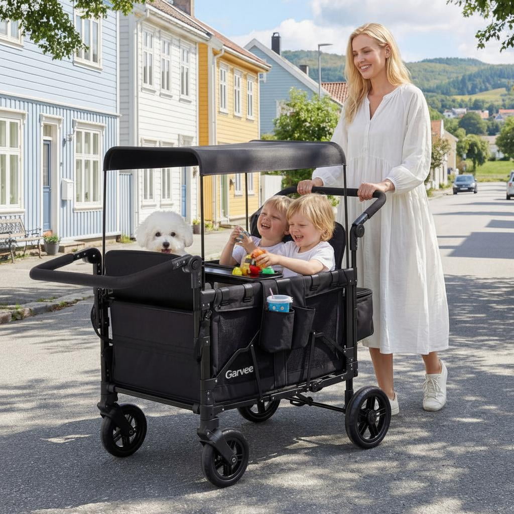 Memoryfield 4-Seater Stroller Wagon for Kids with Safety Harness, Removable Canopy, Snack Tray & Swivel Wheels, Black