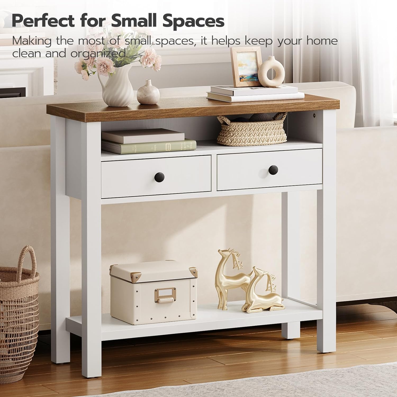 HOOBRO Farmhouse Entryway Table with 2 Drawers, White and Walnut