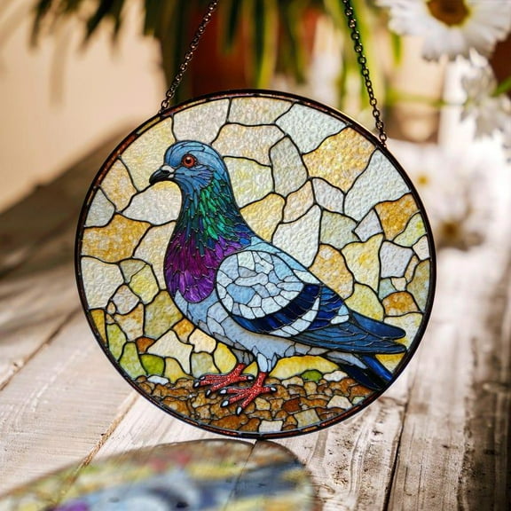 Mosaic Pigeon Bird Art Round Stained Glass Suncatcher Window Hanging Gift for Bird Lovers