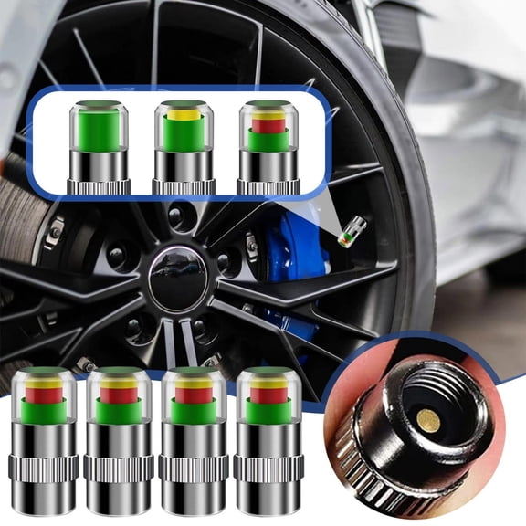Universal 4-Pack Tire Pressure Monitor Valve Caps – Real-Time 3-Color Alert, Waterproof, 0-36 PSI Compatible for Cars, Trucks, Motorcycles & Bikes, Tire Pressure Monitor Sensor Indicator