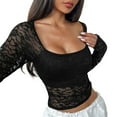 thumbnail image 3 of NINGMENG Womens Tops Solid Color Sexy Square Collar Long Sleeve Layer Lace Tops Pullover T Shirts Outwear,Black,S, 3 of 9