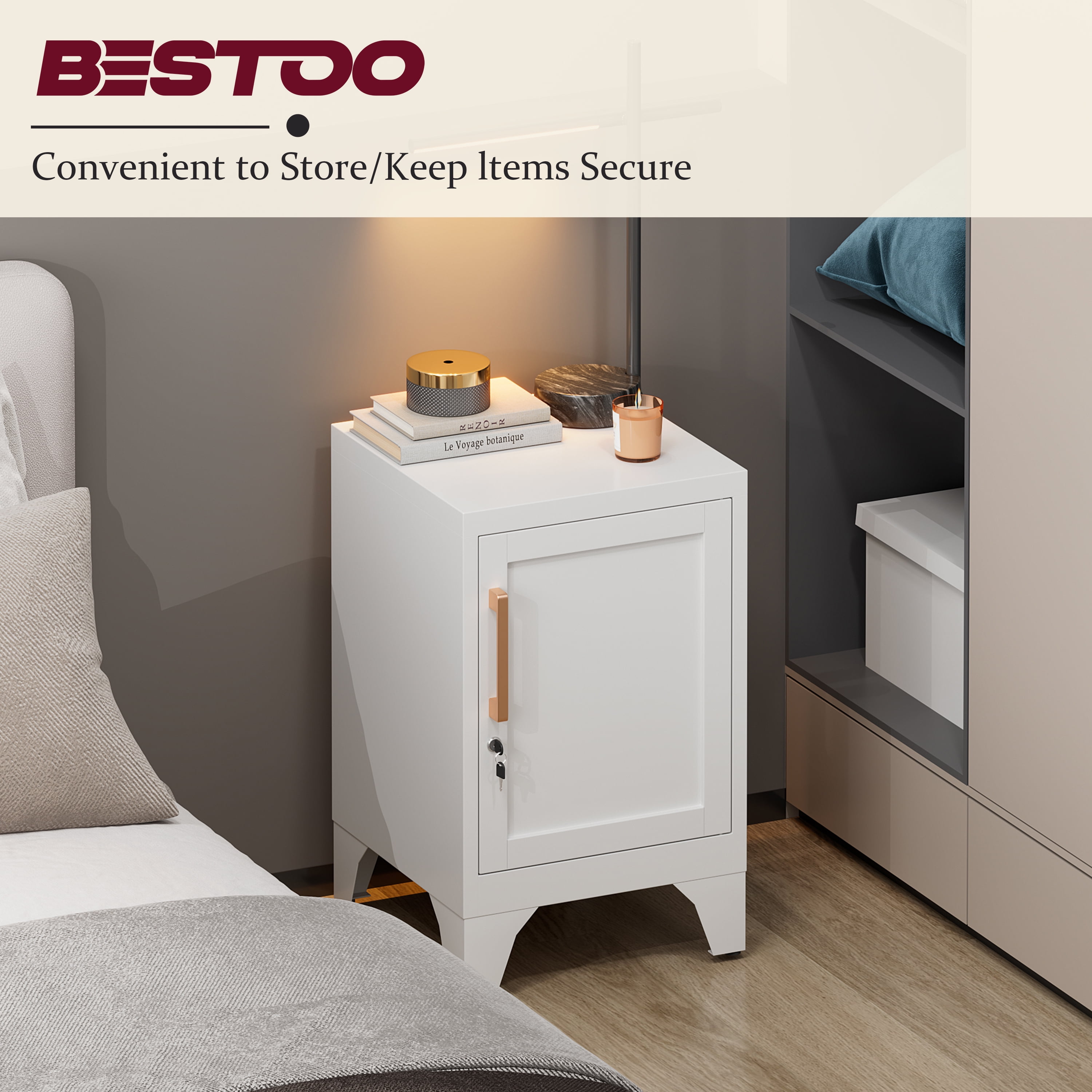Bestoo Metal NightStand Storage Cabinets with Lock and Adjustable Shelf, Small End Table Side Table for Small Space, Lockable Bedside Table for Home Office Living Room Bed Room, White
