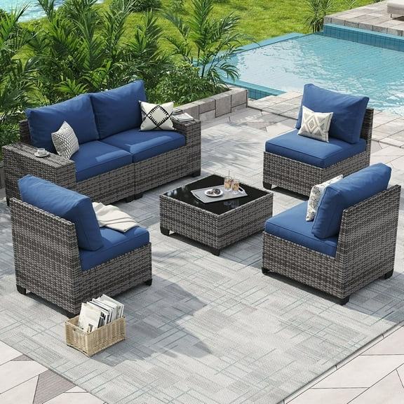 Aoxun Patio Furniture Set, 6 Pcs Outdoor Patio Furniture Sets with 4in Thicken Cushion, Widen Armrests Wicker Outdoor Sectional for Backyard (Waterproof Cover Include)