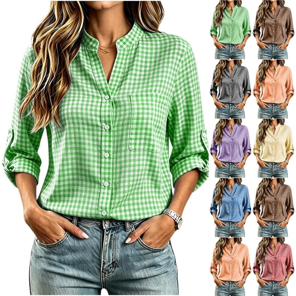 VBVC Women's Gingham Long Sleeve Shirt , Curved Hem Button Down Blouse For Women , Ladies' Spring Fall Tunic Tops with Pockets, S-2XL