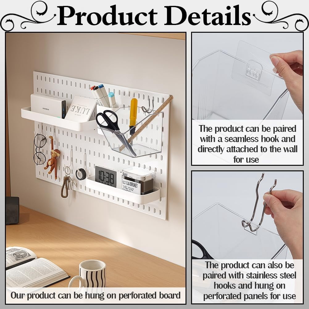 6 Sets Pegboard Bins Set Clear Plastic Pegboard Cups with 201 Stainless Steel Hook Hangers Metal Pegboard Hook Kits Assortment Bins Accessories for Garage Workshop Workbench Supermarket