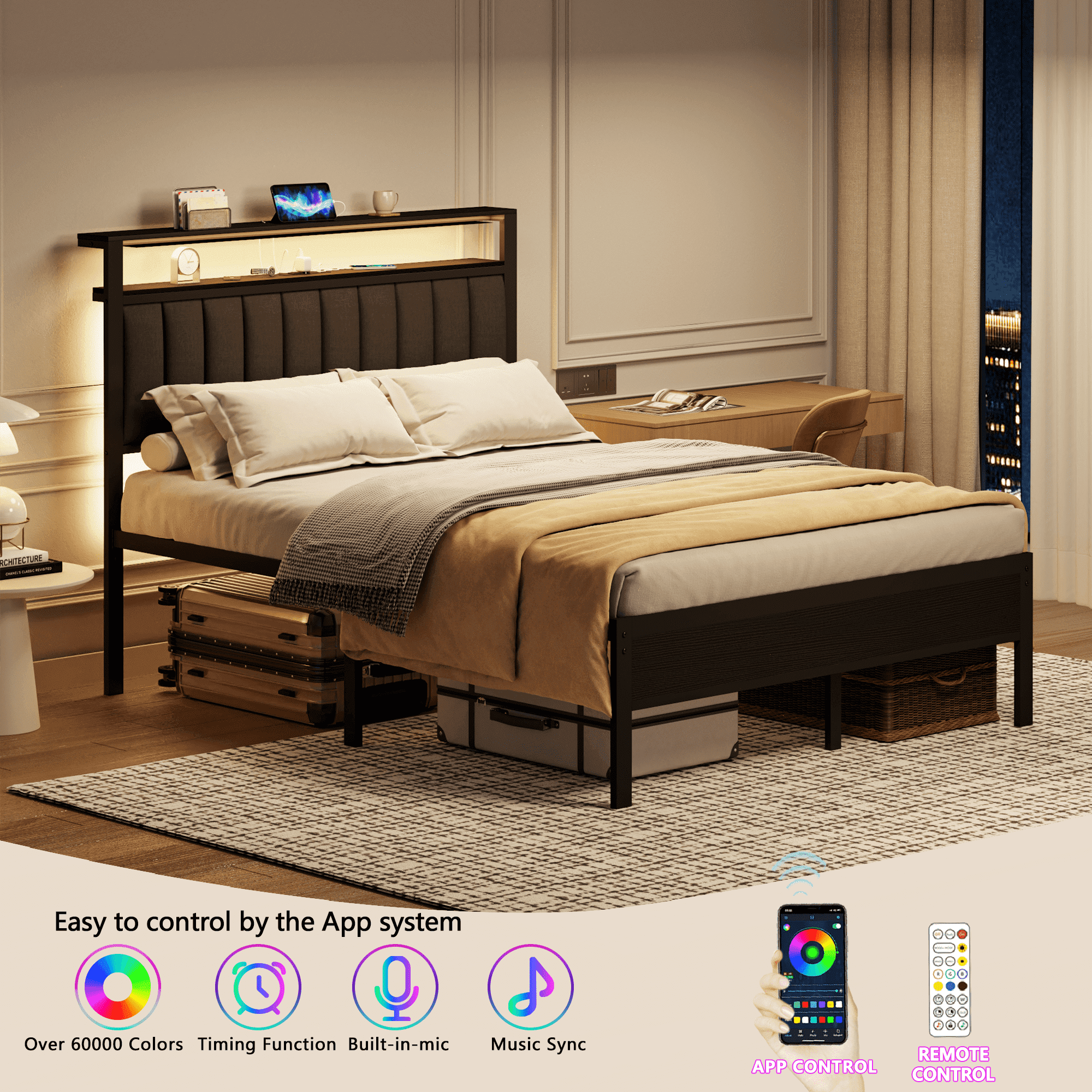 Tydimor Queen Size Platforrm Bed Frame with Charging Station, LED Standard Storage Space Bed for Bedroom, No Box Spring Needed