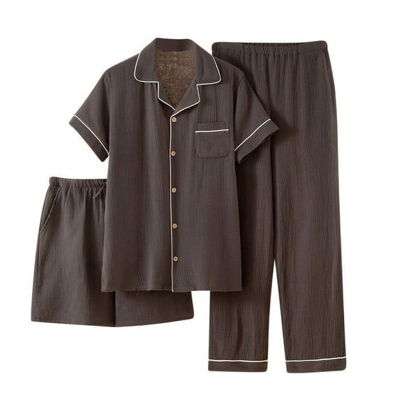 RKSTN Mens Pajamas Set Short Sleeve Pajamas Sets Solid Color Button Down Lapel Collar Short Sleeve Sleepwear Summer Fall Lightweight 3 Pieces Comfy Sleepwear