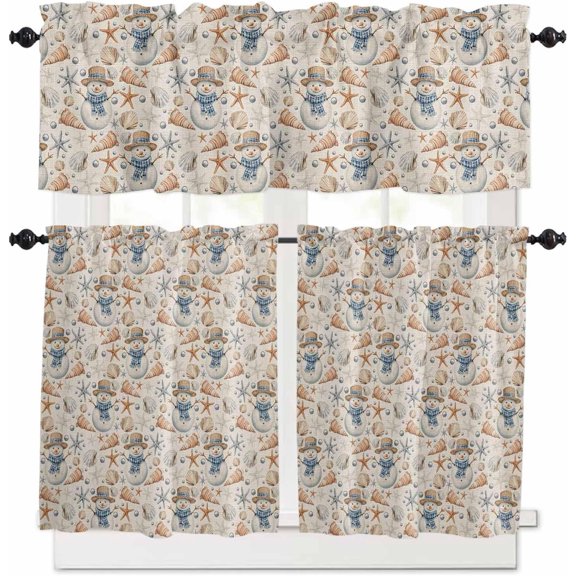 Christmas Coastal Kitchen Curtains and Valances Set, Rod Pocket Curtains Tier Farmhouse Window Curtains 36 Inch Length, Nautical Snowman Shell Conch Starfish 3 Piece Kitchen Curtains Set