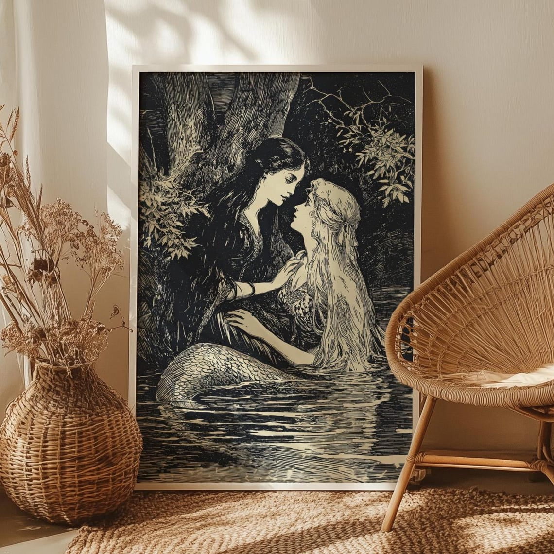 Mermaid And Fairy Love Drawing Poster Gothic Dark Cottagecore Vintage Fantasy Romantic Tale Living Room And Gallery Wall Decor