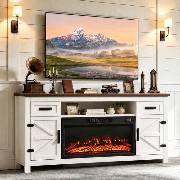 70 inch Fireplace TV Stand with Barn Door for TVs up to 80", Farmhouse Entertainment Center with Fireplace, TV Console for Living Room, White