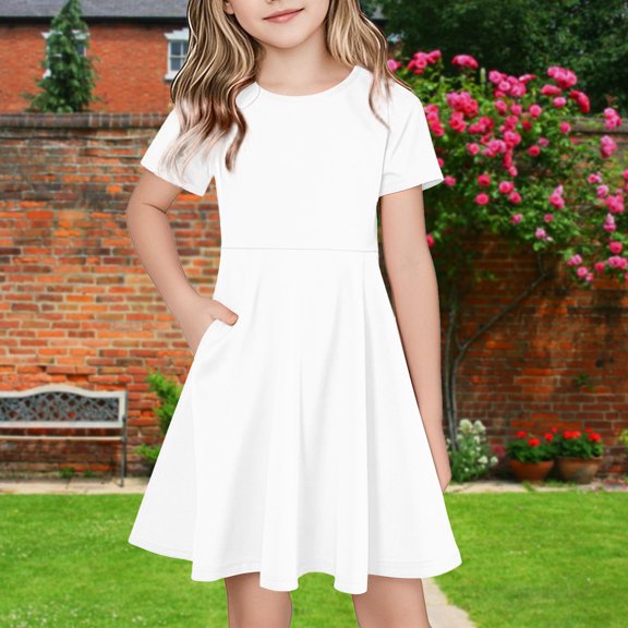 WPPGONE Girls Summer Casual Knee Length A-Line Dress Crewneck Short Sleeve Flowy Swing Dress with Pockets Solid Color School Play Party Kids Dresses