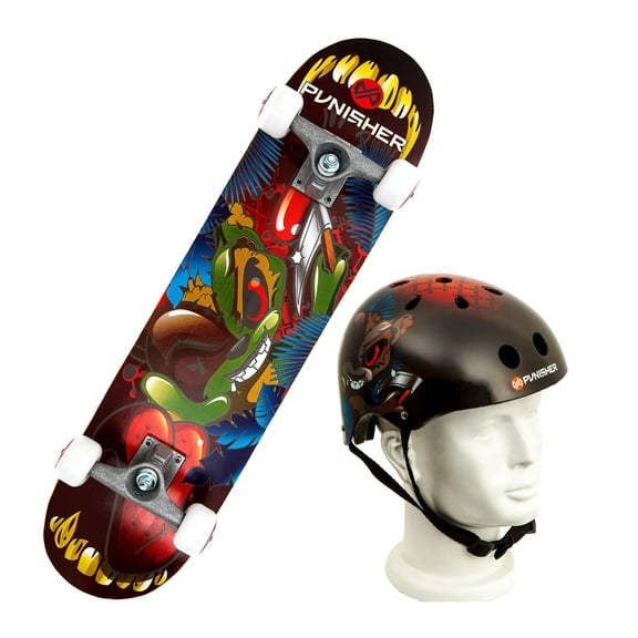 Punisher Ranger Skateboard & Helmet Combo - Canadian Maple Skateboard, Durable Helmet