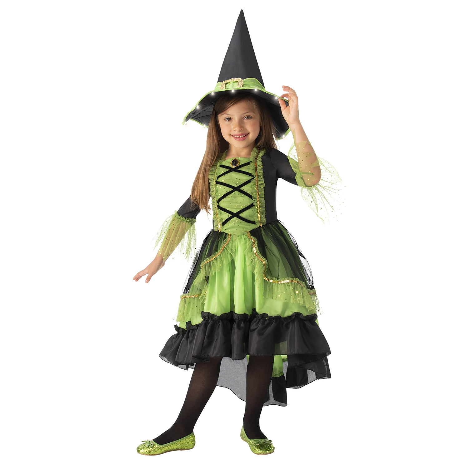 3Pcs Kid Girls Halloween Witch Cosplay Outfit Pumpkin Mesh Dress Pointed Hat Set