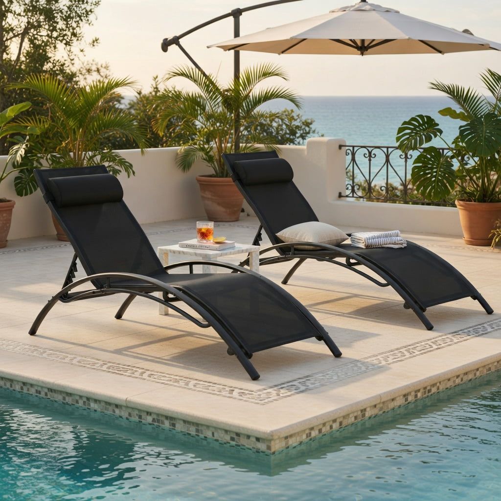 Hommoo 2-Piece Outdoor Chaise Lounge Set with 5-Position Adjustable Reclining Backrest, Heavy-Duty Metal Frame, Breathable Fabric, Black