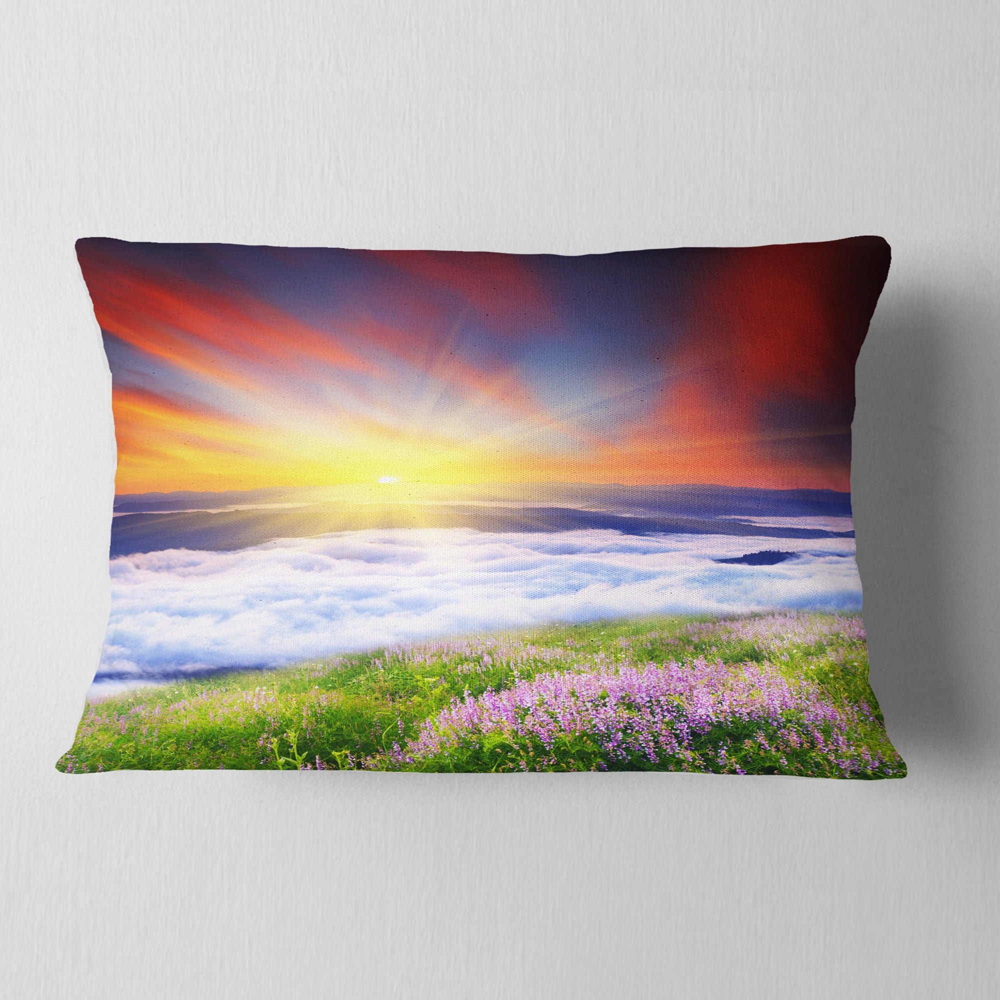 Designart Sunrise with Blooming Flowers - Landscape Printed Throw Pillow - 12x20