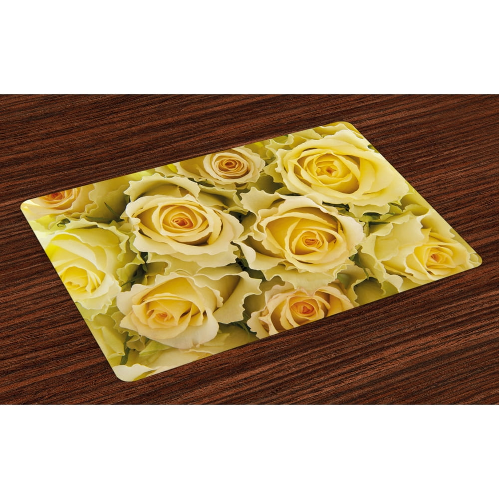 Rose Placemats Set of 4 Bridal Flourish Yellow Roses with Wavy Petals