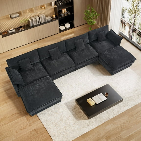 Wiilayok 150" Oversized Modular Sofa Set,Large Chenille U Shaped Sectional Sofa with Ottoman,6 Seater Deep Seat Couch for Living Room Furniture,Black