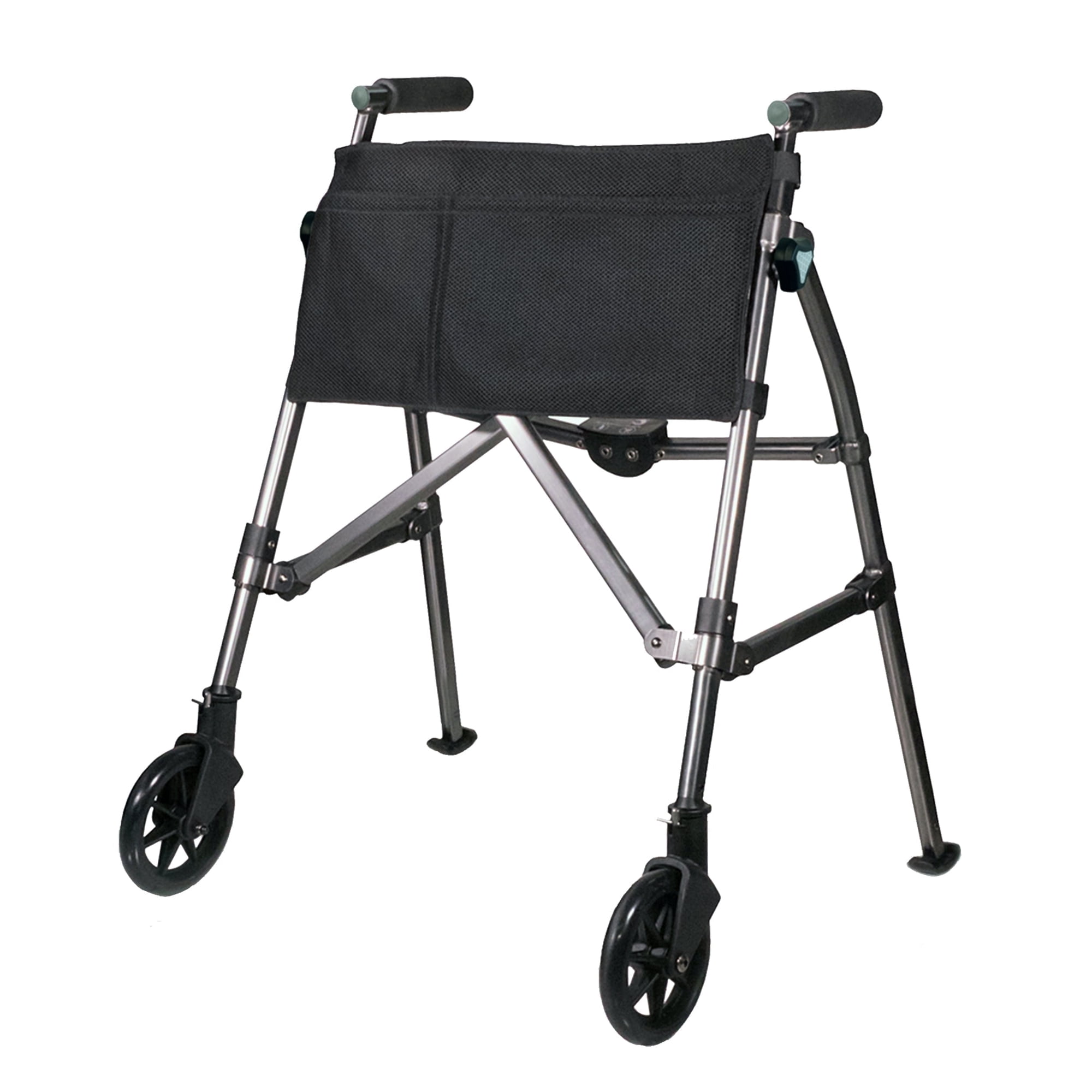 Stander Wonder Walker Plus Short, Junior Lightweight Folding Rolling Walker for Seniors, Petite Travel Walker with Wheels, Glides, Pouch, Compact Standard Walker, Black