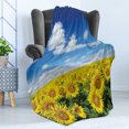 thumbnail image 4 of Sunflower Soft Flannel Fleece Throw Blanket, Fresh Sunflowers Field Under Clear Sky Clouds Countryside Farm Picture, Cozy Plush for Indoor and Outdoor Use, 60" x 80", Blue Green Yellow, by Ambesonne, 4 of 5