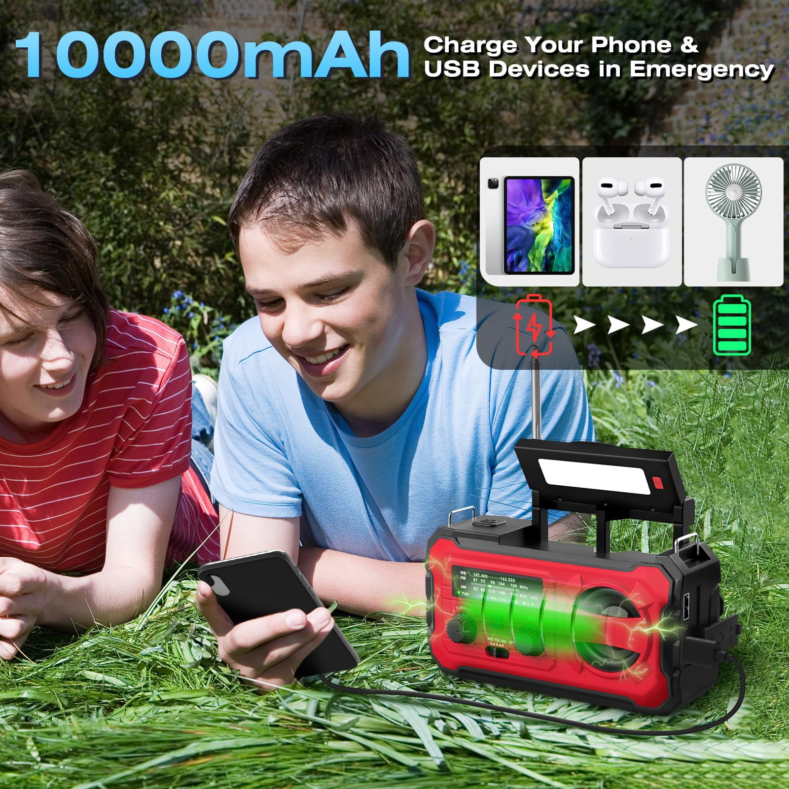 10000mah Emergency Radio  Noaa Weather With Am/fm 37000mwh Rechargeable Phone Power Usb/solar/hand Crank Charging Led Flashlight Sos Alarm Reading Lamp For Indoor/outdoor Emergencies