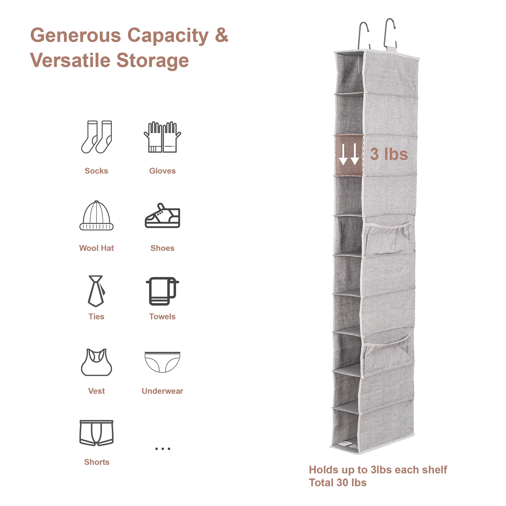 Better Homes & Gardens 10-Shelf Hanging Closet Organizer with Hooks, Gray
