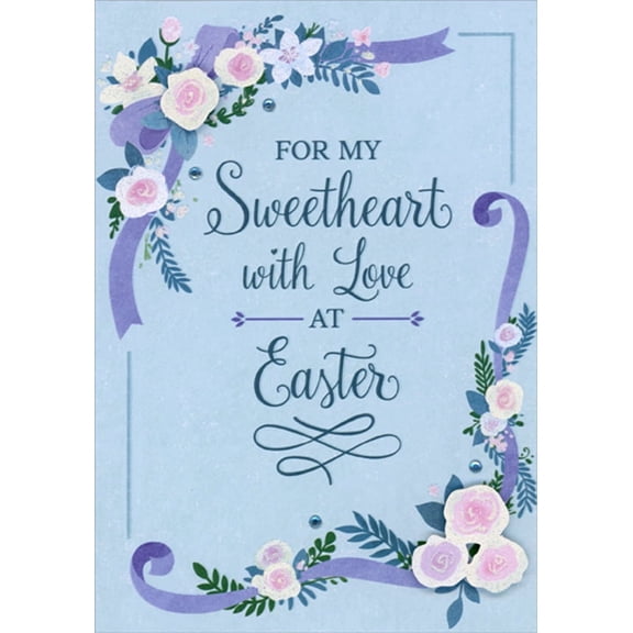Designer Greetings Shimmering 3D Tip On White and Pink Flowers and Blue Gems on Light Blue Hand Decorated Sweetheart Easter Card for Wife, Husband, Girlfriend, Boyfriend