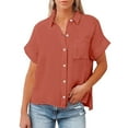 thumbnail image 5 of Womens Workout T Shirts Fashion Solid Linen Loose Short Sleeve Button Dressy,RD2,S, 5 of 5