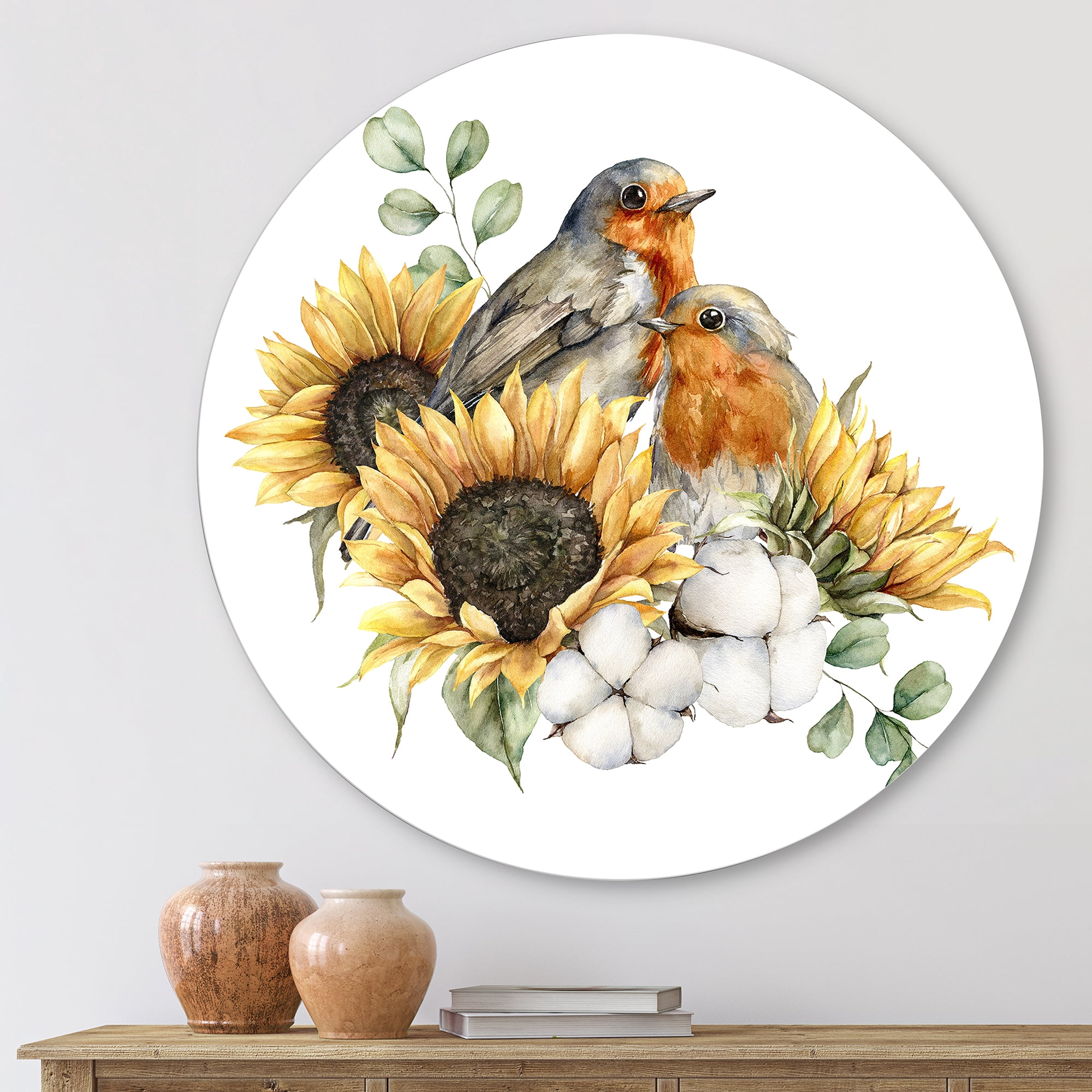 Designart 'Autumn Bouquet With Robin Redbreasts Sunflowers Cotton' Traditional Circle Metal Wall Art 23x23 - Disc of 23