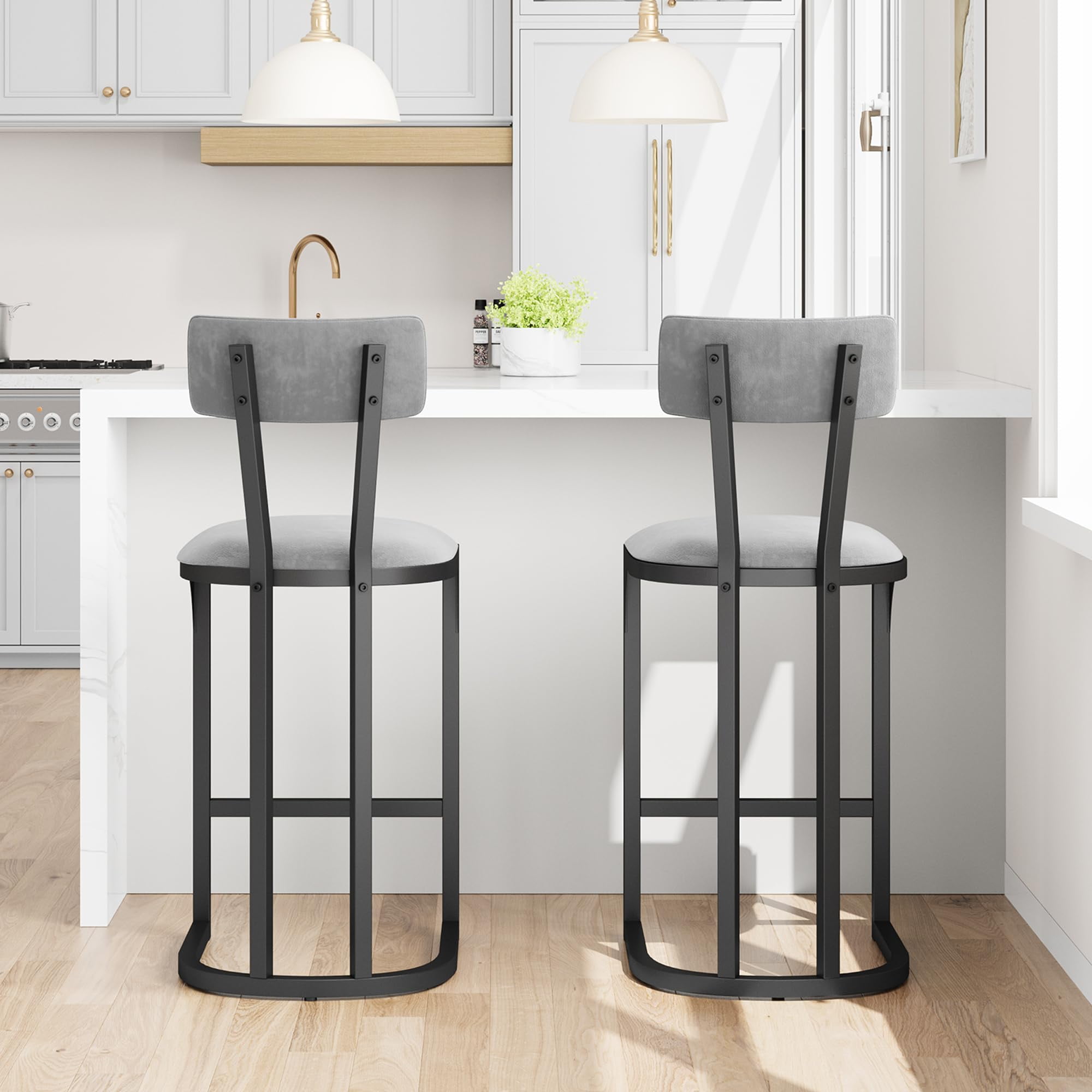 Juiluna Bar Stools Set of 2, Counter Height Bar Stools, Curved Back with Metal Frame Island Chairs with Upholstered Modern Tall Barstools Counter Stools for Kitchen Dining Room (Gray)
