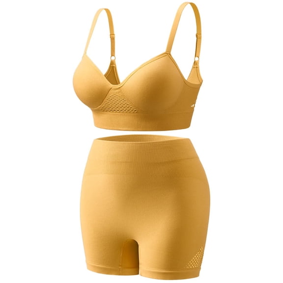 Women's Workout Sets 2 Piece Yoga Outfits High Waisted Biker Shorts and Sports Bra Gym Set Yellow