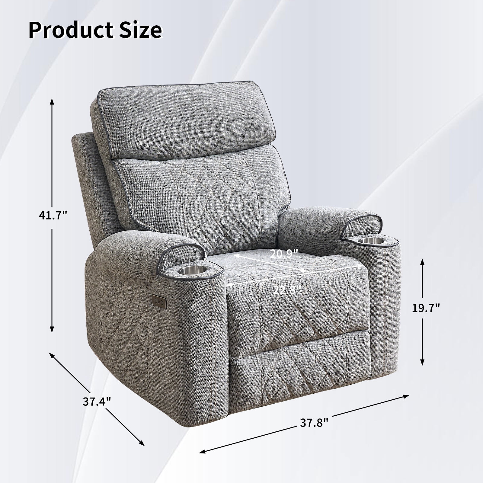 Bonzy Home Power Recliner Chair — Electric Fabric Recliner with Cup Holders & USB-C Charging Ports, Diamond Grid Upholstery, Light Grey