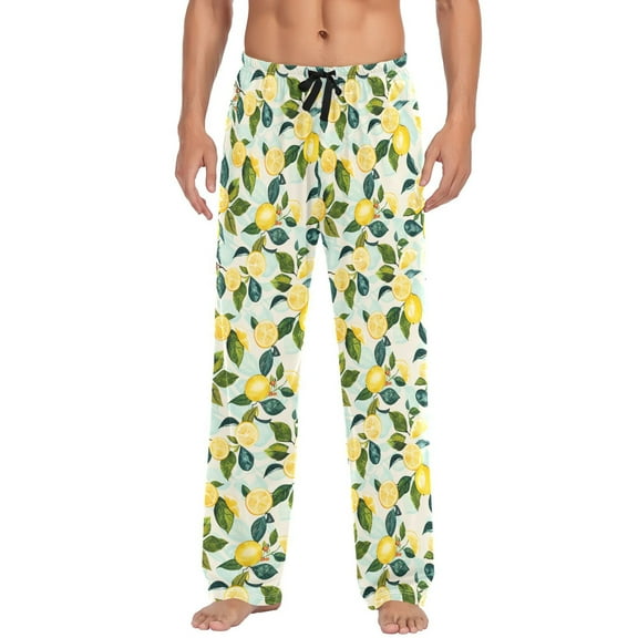 Men's Pajama Pants Lemon and Leaves Cotton Long Sleepwear Lounge Pants L