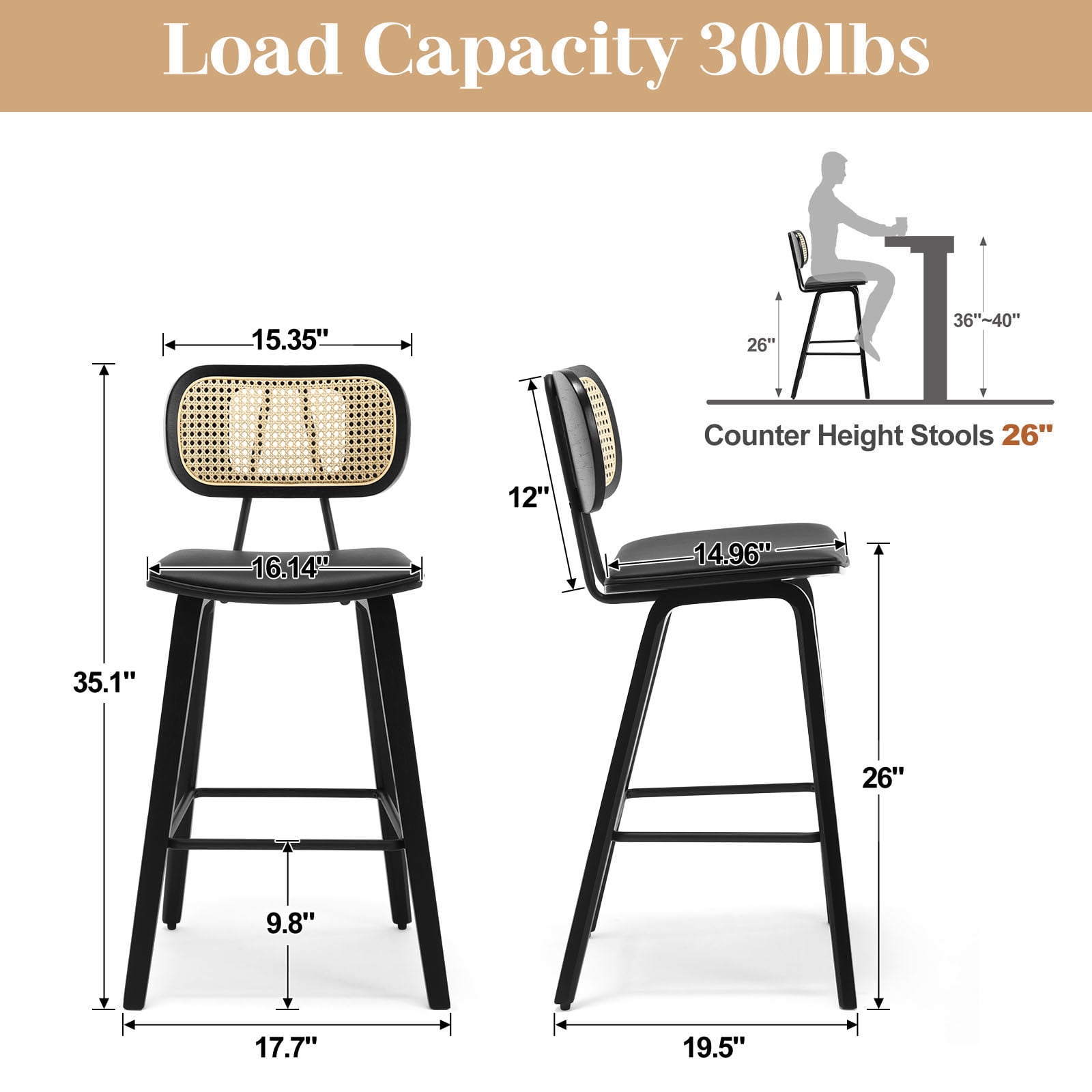 WOOW DEPOT PU Bar Stools 26" Counter Height w/ Rattan Back Set of 1, Modern Black Bent Wood Bartool Leather Upholstered Chair for Kitchen Pub Island Dining Room