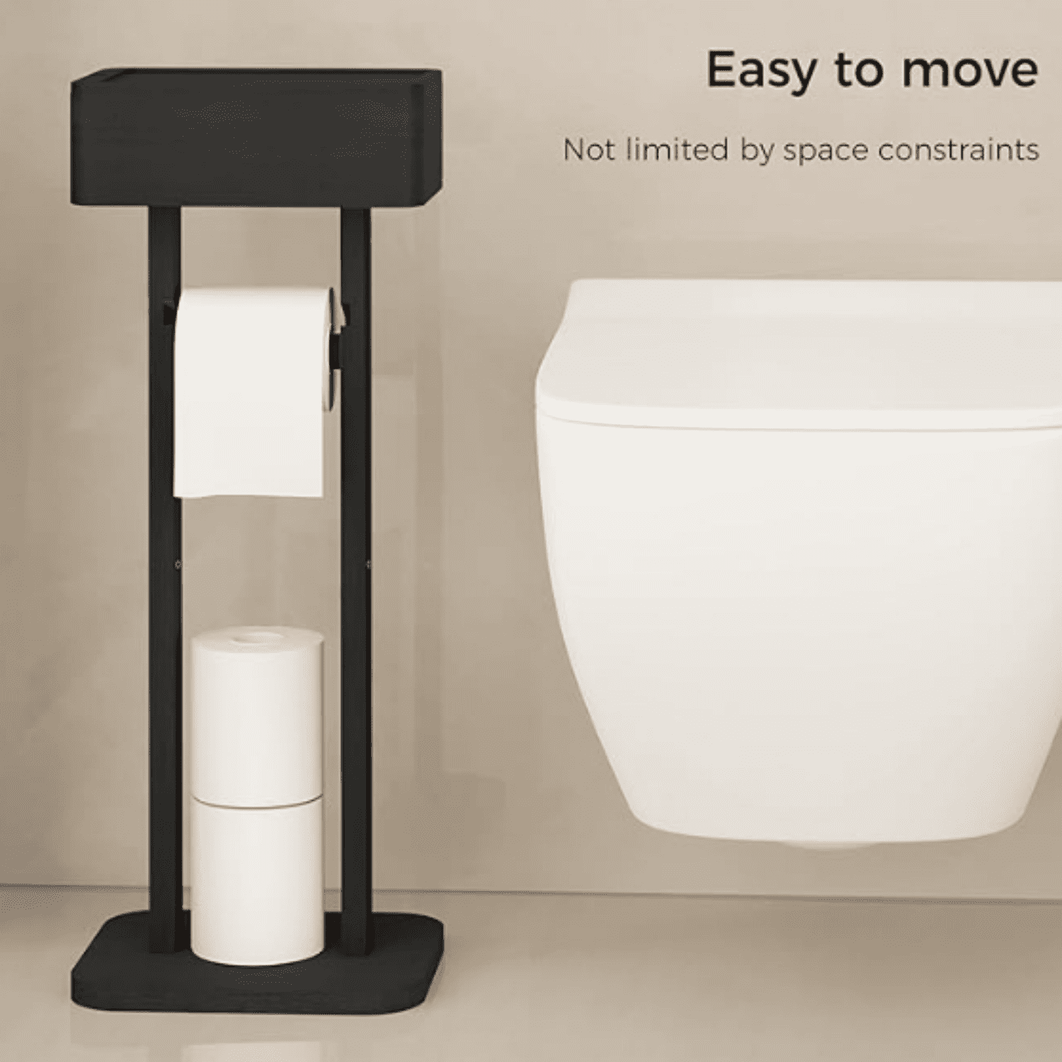 4-in-1 Black Toilet Paper Holder Stand with Storage Shelf Box, 360° Rotating Bamboo Free Standing Toilet Tissue Roll, Toilet Wipes Dispenser Organizer, Temporary Desktop for Bathroom (Patent)