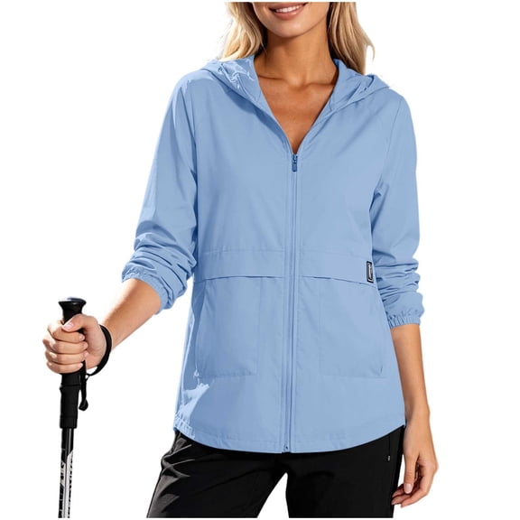 TtopsQueen Women Packable Light Windbreaker Jacket, Drawstring Hood Elastic Cuff Full Zip Coat with Side Pockets, Casual Hiking Walking Travel Outer Layer Blue,L