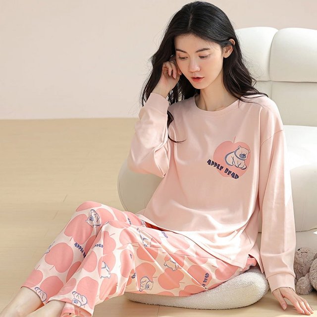 Pijamas de otoño e invierno para mujer, de algodón, de manga larga, con bonitos dibujos animados, para el hogar, se pueden usar al aire libre, traje de dos piezas