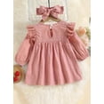 thumbnail image 2 of ZEHJUHAN Infant Girls Solid Color Long Sleeve Dress Ruffle Trim Accent Matching Headband Casual Party Wear Pink，18-24M, 2 of 7