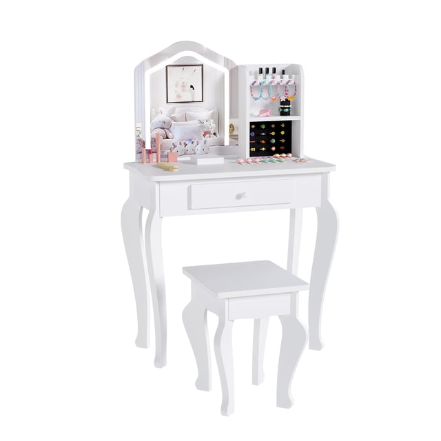 Tocador Infantil – Set con Espejo Iluminado y Taburete – Niñas de 3 a 8 Años – Dormitorios Infantiles – Diseño Seguro y Multifuncional – Rosa/Blanco