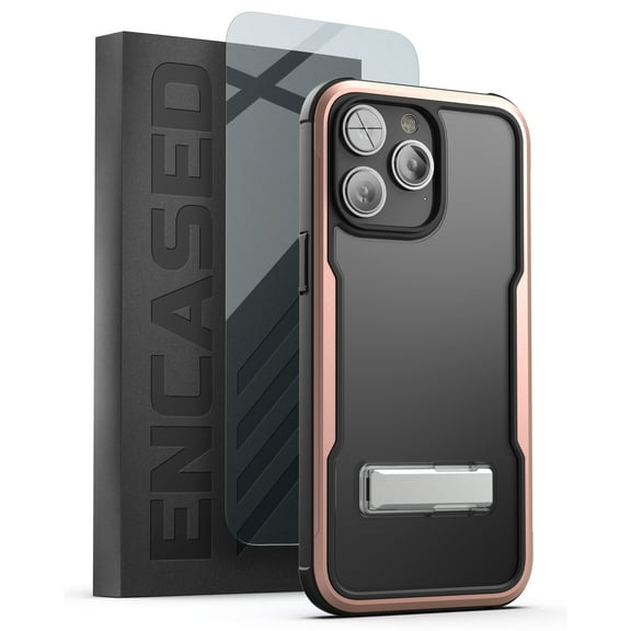 Encased Aluminum Armor Kickstand Case Designed for iPhone 14 Pro Max - with Metal Stand and Screen Protector (Retail Packaging) - Pink