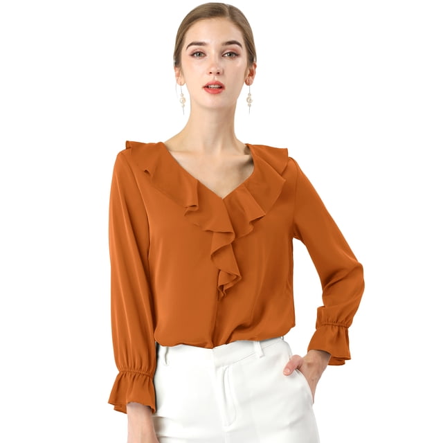INSPIRE CHIC Women's Ruffle V Neck Elegant Office Work Chiffon Blouse Top