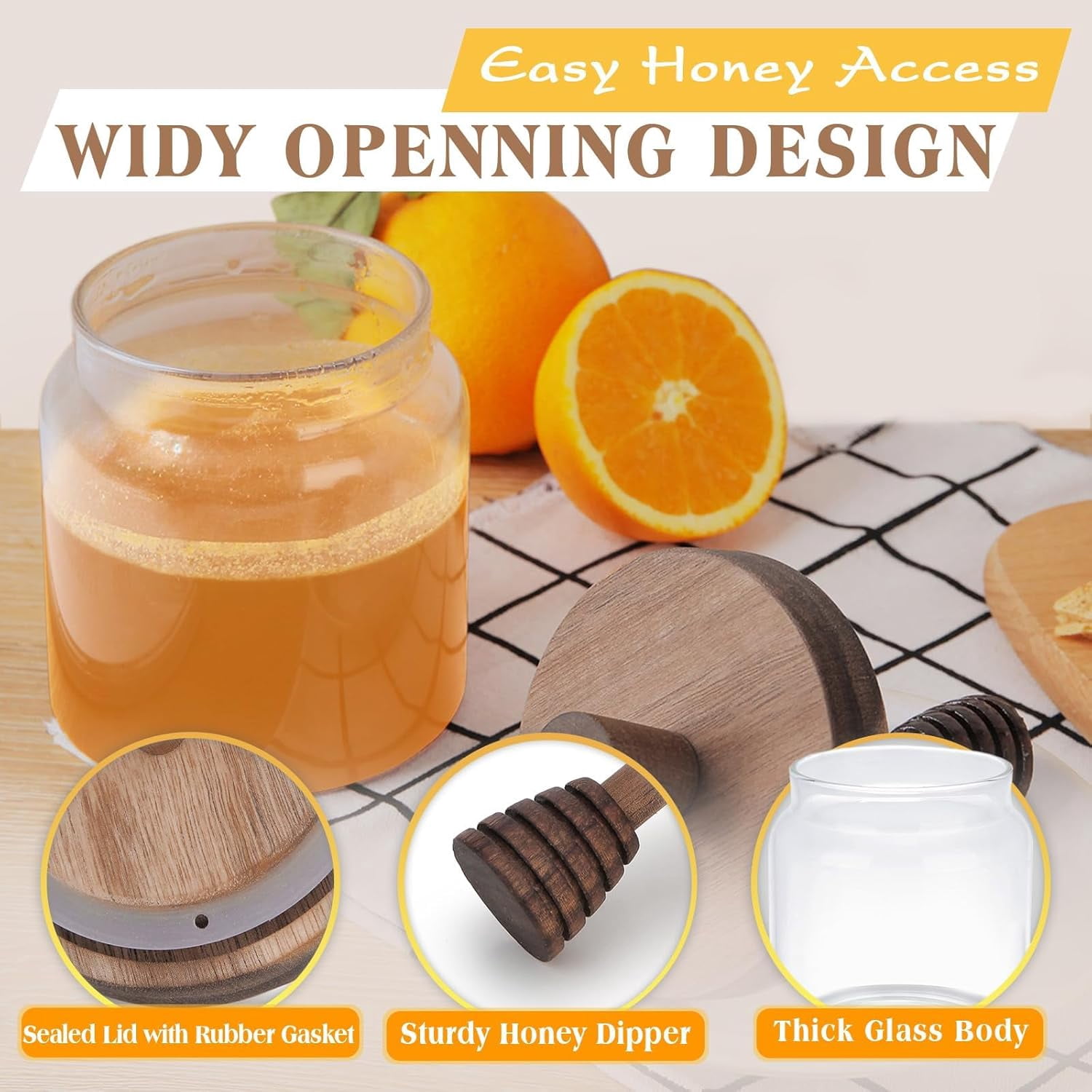 ABCISI Glass Honey Pot, Clear Honey Jar with Wooden Dipper and Lid Honey Holder Syrup Container with Drizzler for Storing Bee Honey Home Kitchen 16oz