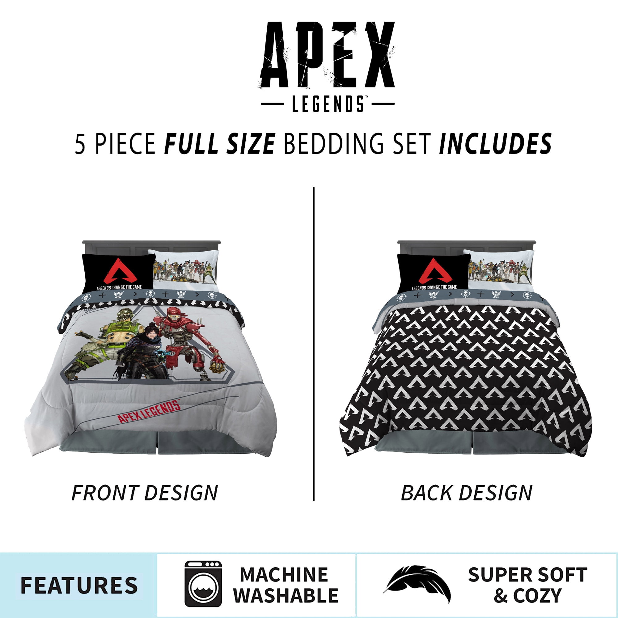 Apex Legends Full Bed in a Bag, Gaming Bedding, Comforter and Sheets, Grey