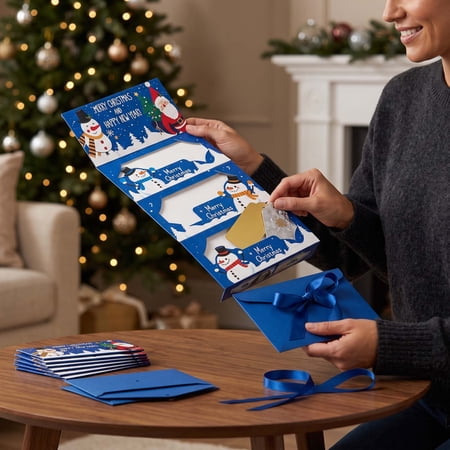Christmas Red Envelopes Holder 6-Pocket Foldable Cash Envelope with Ribbon Tie Money Holder with Christmas Gift Card for K*ids (Blue)