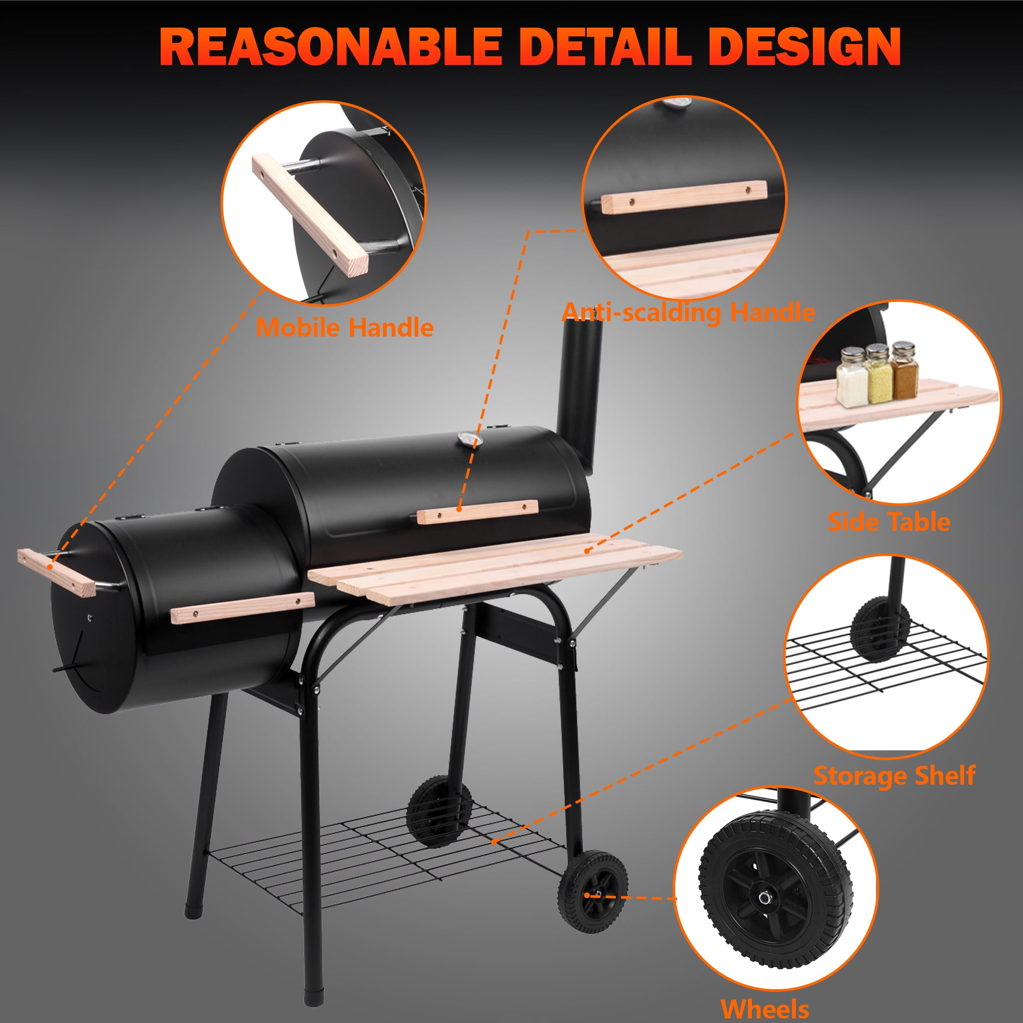 Charcoal BBQ Grills, 30'' Portable Barrel Charcoal Grill Smoker, Outdoor Stainless Steel BBQ Grill Cooking with Temperature Gauge, Metal Grates and 2 wheels for Patio, Porch, Picnic, SS1048