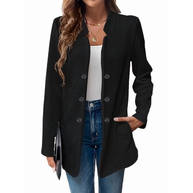 Blazer de Mujer con Cuello Alto, Informal, de Larga, Cruzado, Elegante, para Oficina y Negocios Negro M