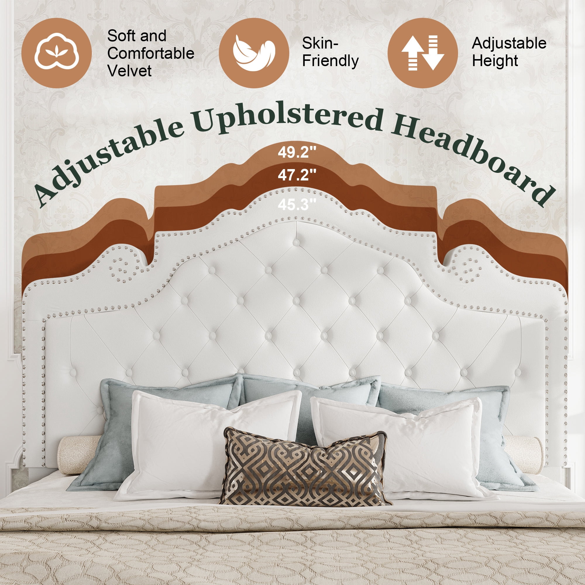 Amolife Queen Bed Frame with Adjustable Crown-Shaped Headboard, Upholstered Platform Bed, No Box Spring Required, White