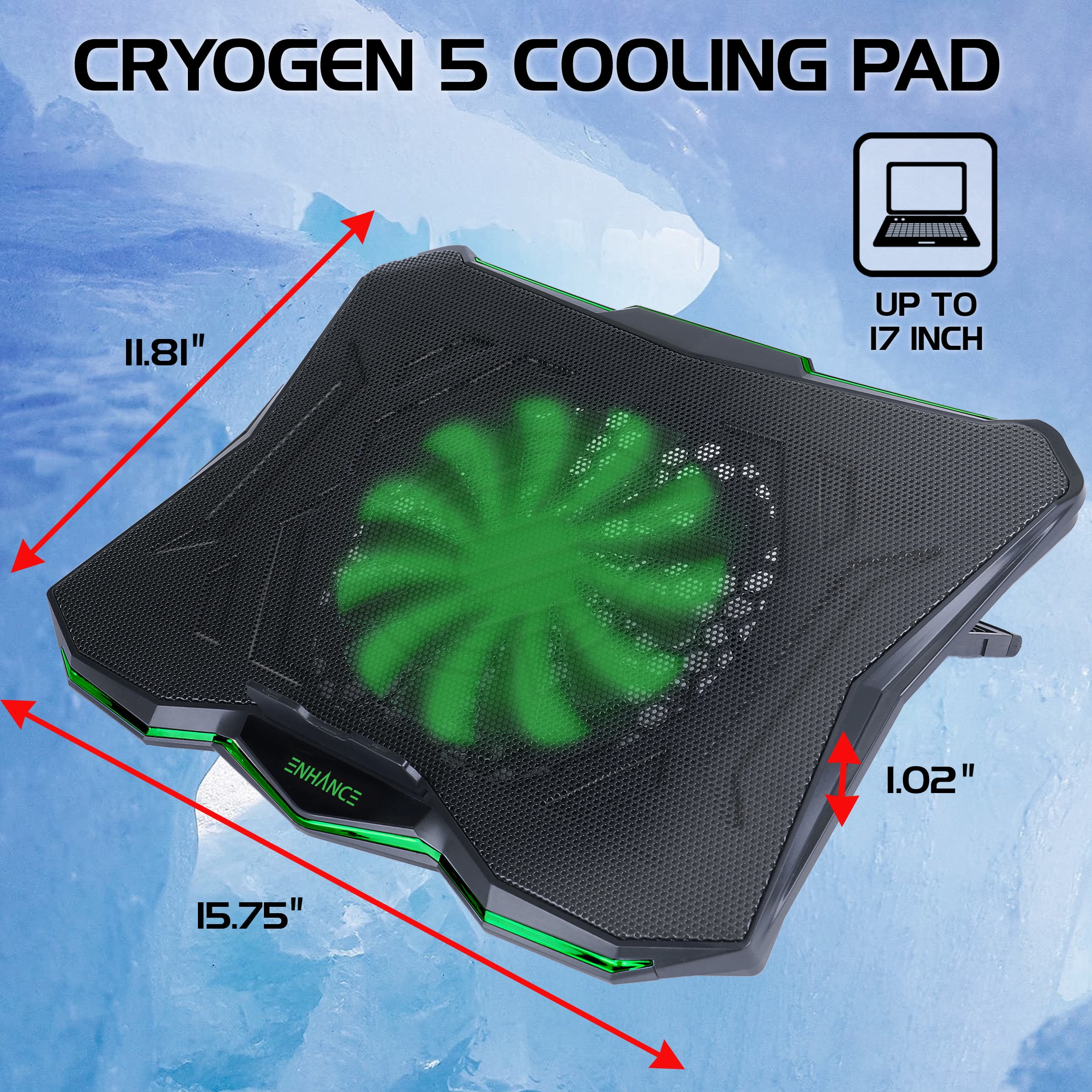 ENHANCE Cryogen 5 Gaming Laptop Cooling Pad Stand, Adjustable Height, USB Ports, 800 RPM - Green