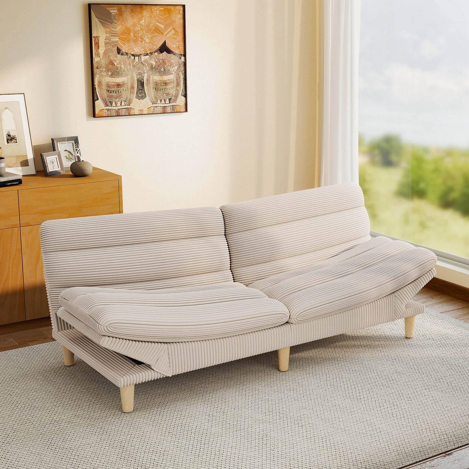 Ebello Convertible Futon Sofa Bed, Fabric with 3-Position Reclining Backrest and Adjustable Armrests for Living Room Apartment Office, Beige